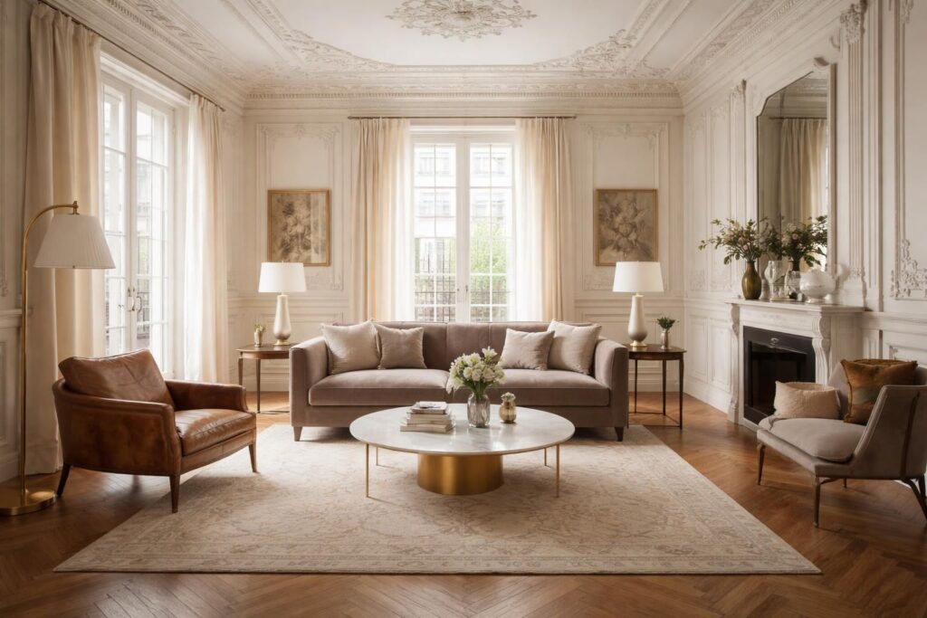 Adoptez le style parisien élégant avec moulures, parquet et mobilier classique revisité